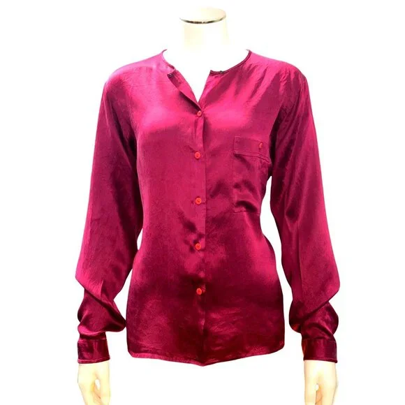 Vintage All Silk Blouse by Jonathan Logan 14 Magenta Long Sleeve 80s Retro Chic - Picture 2 of 9